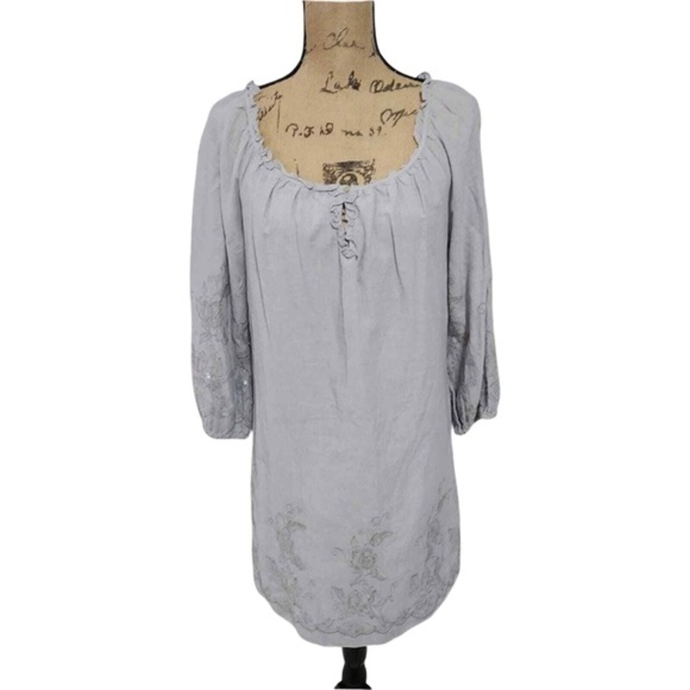 Nurture  Bohemian Embroidered Cotton Scoop Neck 3/4 Sleeve Tunic Top Blouse Gray